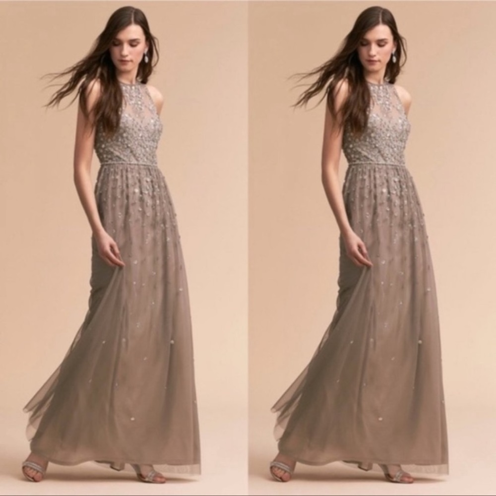 Anthro x BHLDN Ginny Gray Embellished Maxi Dress